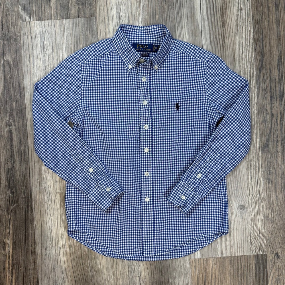 Polo Ralph Lauren Boys Blue White Gingham Natural Stretch Button Down Shirt 8/S